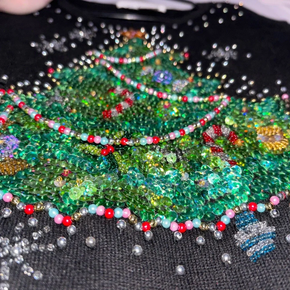 Black long sleeve blingy Christmas tree top with rhinestones and beads - Picture 6 of 8